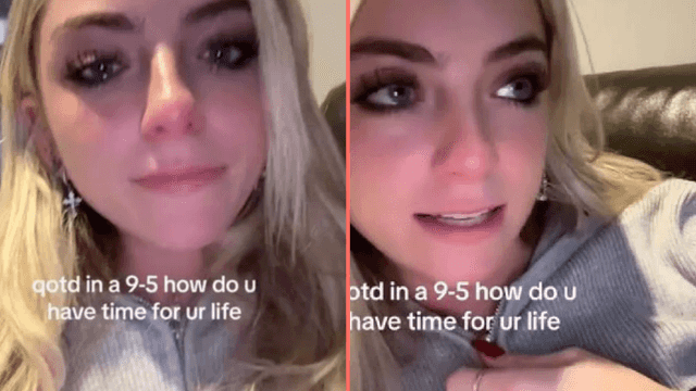 Woman breaks down in tears after working her first shift in a 9 to 5 job Woman breaks down in tears after working her first shift in a 9 to 5 job