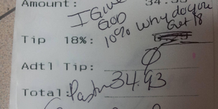 It’s Because I’m Holy: Customer Scrimps On Restaurant’s Requested Tip Because He “Gives God Ten Per Cent”