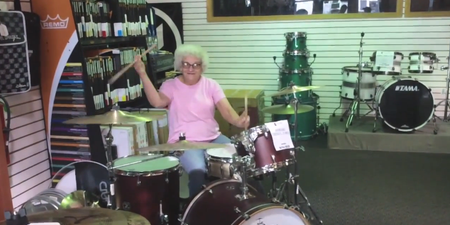 Video: Mystery “Grandma” Rocks Out on the Drums in Wisconsin Music Shop