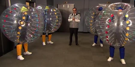 VIDEO: “Balls To The Wall” – Colin Farrell Joins Jimmy Fallon For A Game Of Bubble Soccer