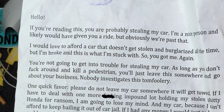 Man Leaves The Perfect Note To Prevent His Car Being Stolen And It Works Perfectly