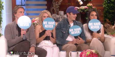 Watch: Mila Kunis, Ashton Kutcher, Kristen Bell and Dax Shepard play “Never Have We Ever”