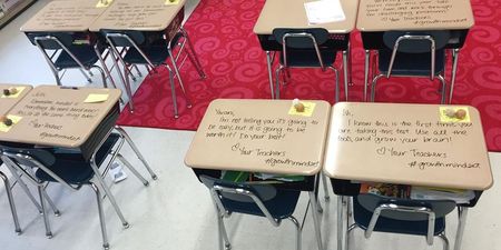 Teacher writes inspirational messages on student’s desks on exam day