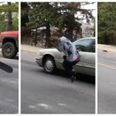 The terrifying moment a skateboarder ALMOST gets flattened