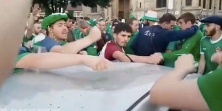 Irish fans sing while fixing a dent in a car in France