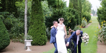 Wheelchair bound bride gets carried up the aisle by the groom
