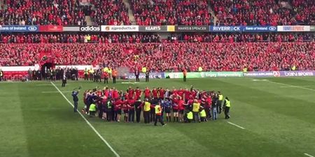 Munster players are overcome with emotion as they sing ‘Stand Up and Fight’ in memory of Anthony Foley