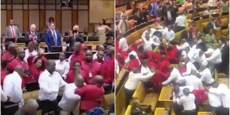 South Africa’s parliament descended into a massive brawl today