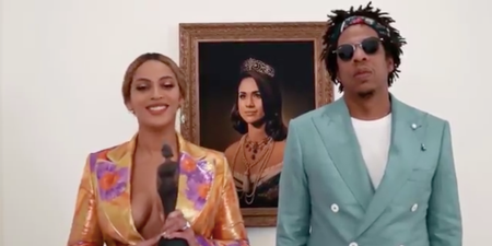 Beyonce and Jay-Z accept BRIT award in front of Meghan Markle portrait