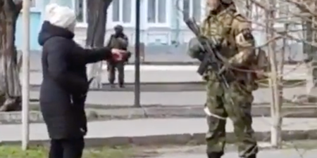 WATCH: Ukrainian woman bravely confronts Russian soldier