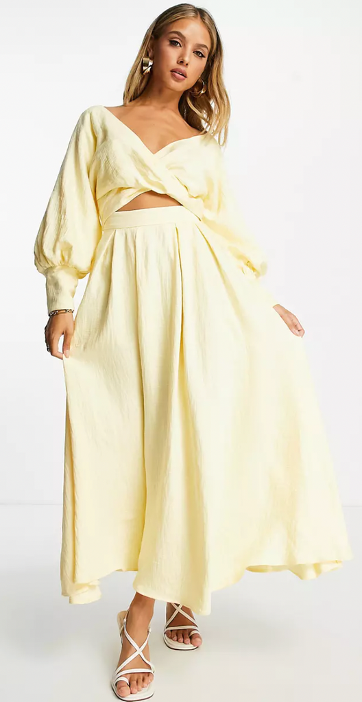 ASOS EDITION wrap bodice midi dress with full skirt in lemon butter yellow